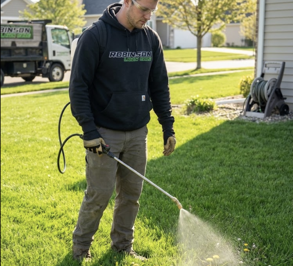 Robinson Lawn Care licensed applicator safely treating weeds on a lawn
